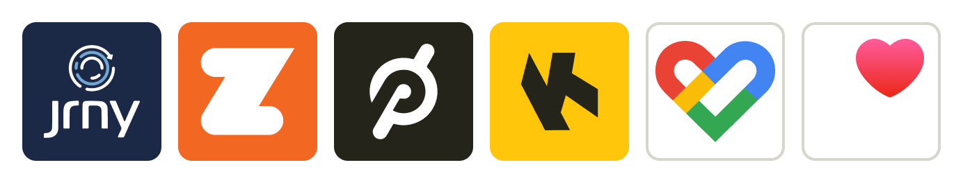 Row of JRNY, Zwift, Peloton, Kinomap, Google Fit, and Apple Health app logos.