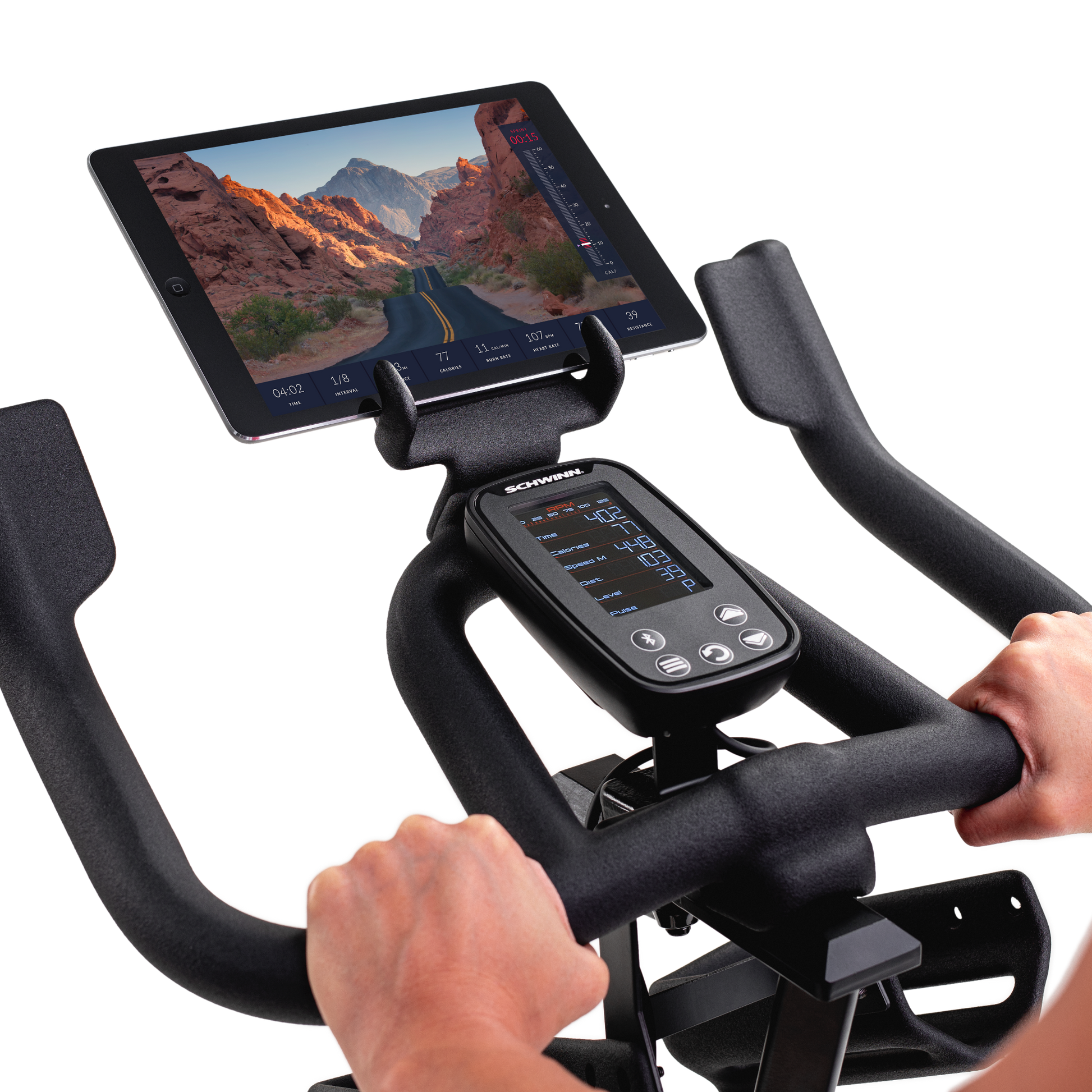 JRNY app screen on a tablet that is resting on the Schwinn 800IC Indoor Cycling Bike media holder.