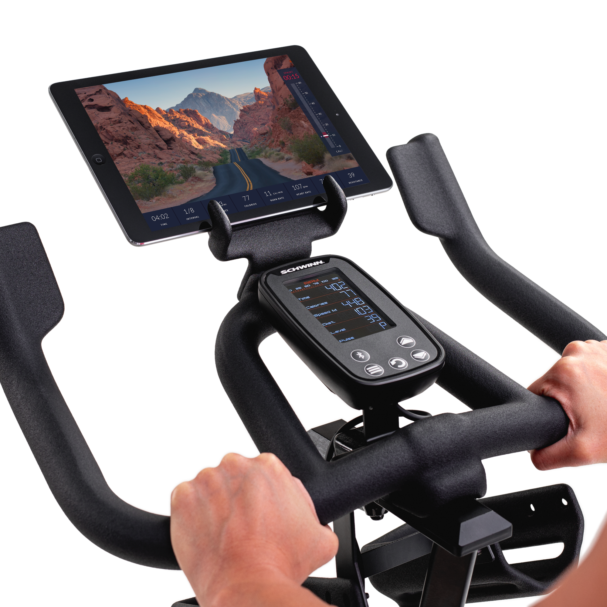 JRNY app screen on a tablet that is resting on the Schwinn 800IC Indoor Cycling Bike media holder.