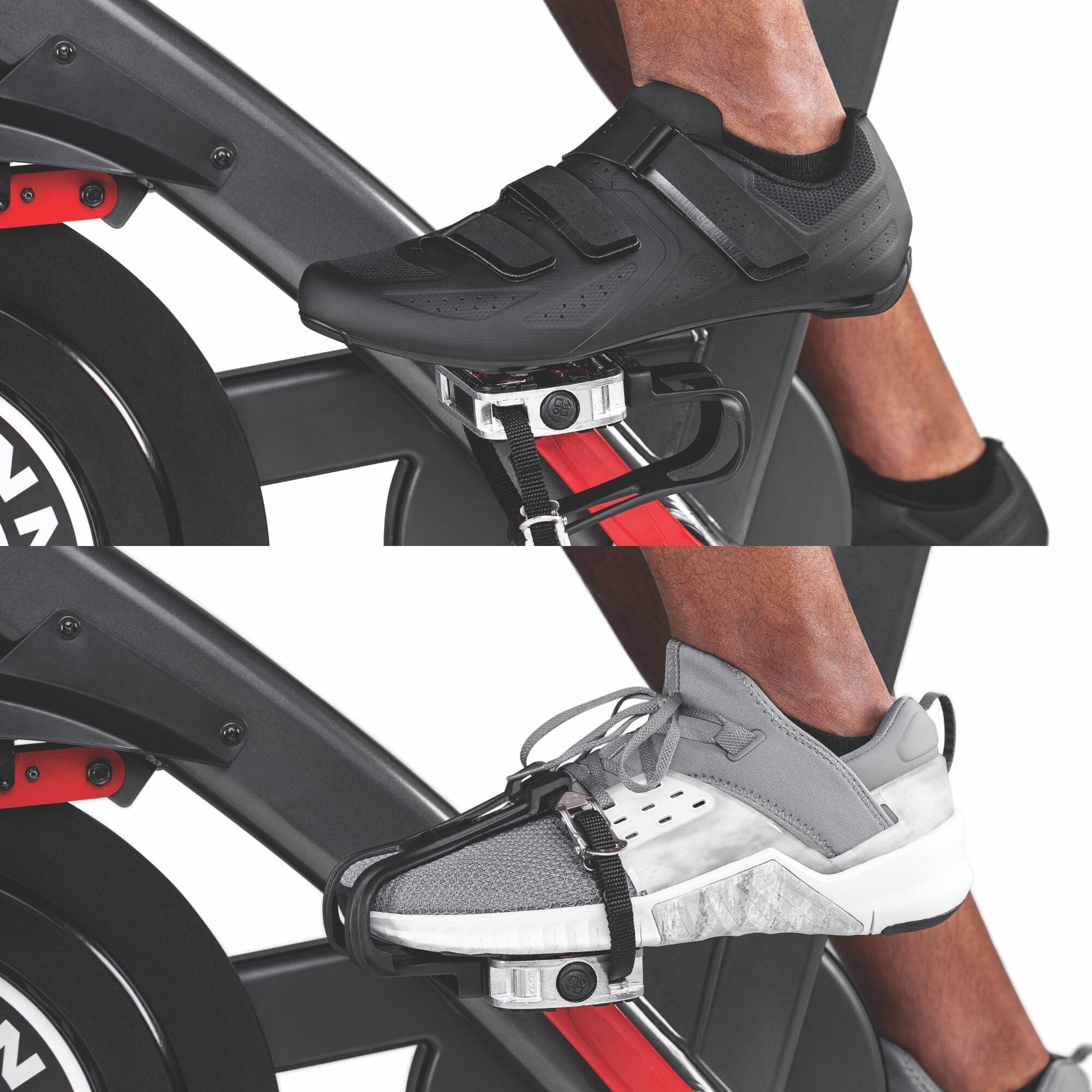 Two views of the Schwinn 800IC Indoor Cycling Bike dual sided pedals with SPD clips (top image) and toe cages (bottom image).
