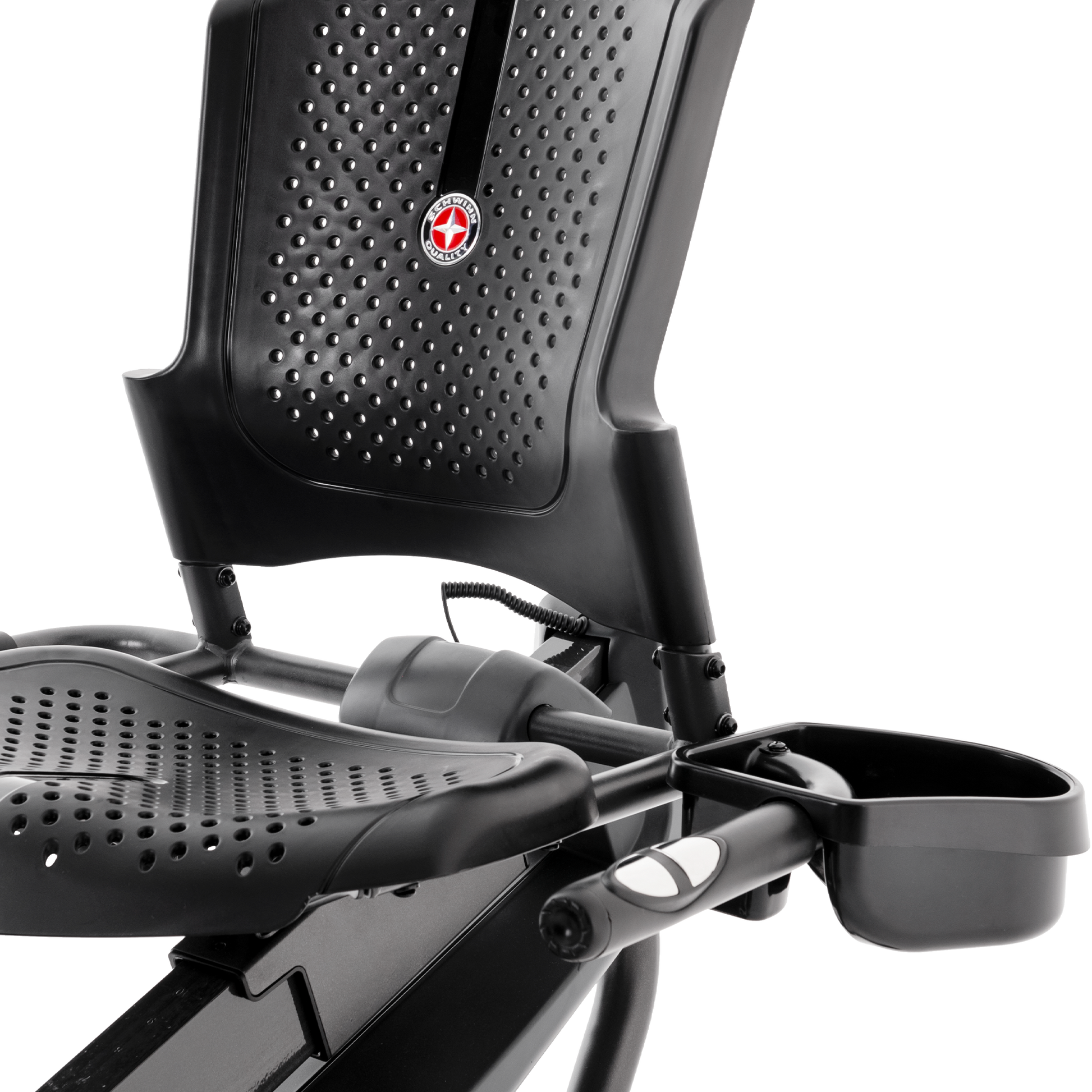 Schwinn 510R Recumbent Bike seat with adjacent water bottle holder.