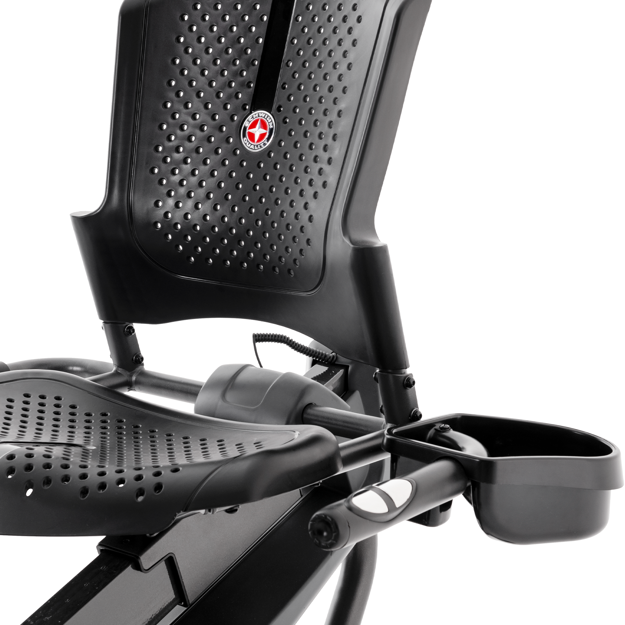 Schwinn 510R Recumbent Bike seat with adjacent water bottle holder.