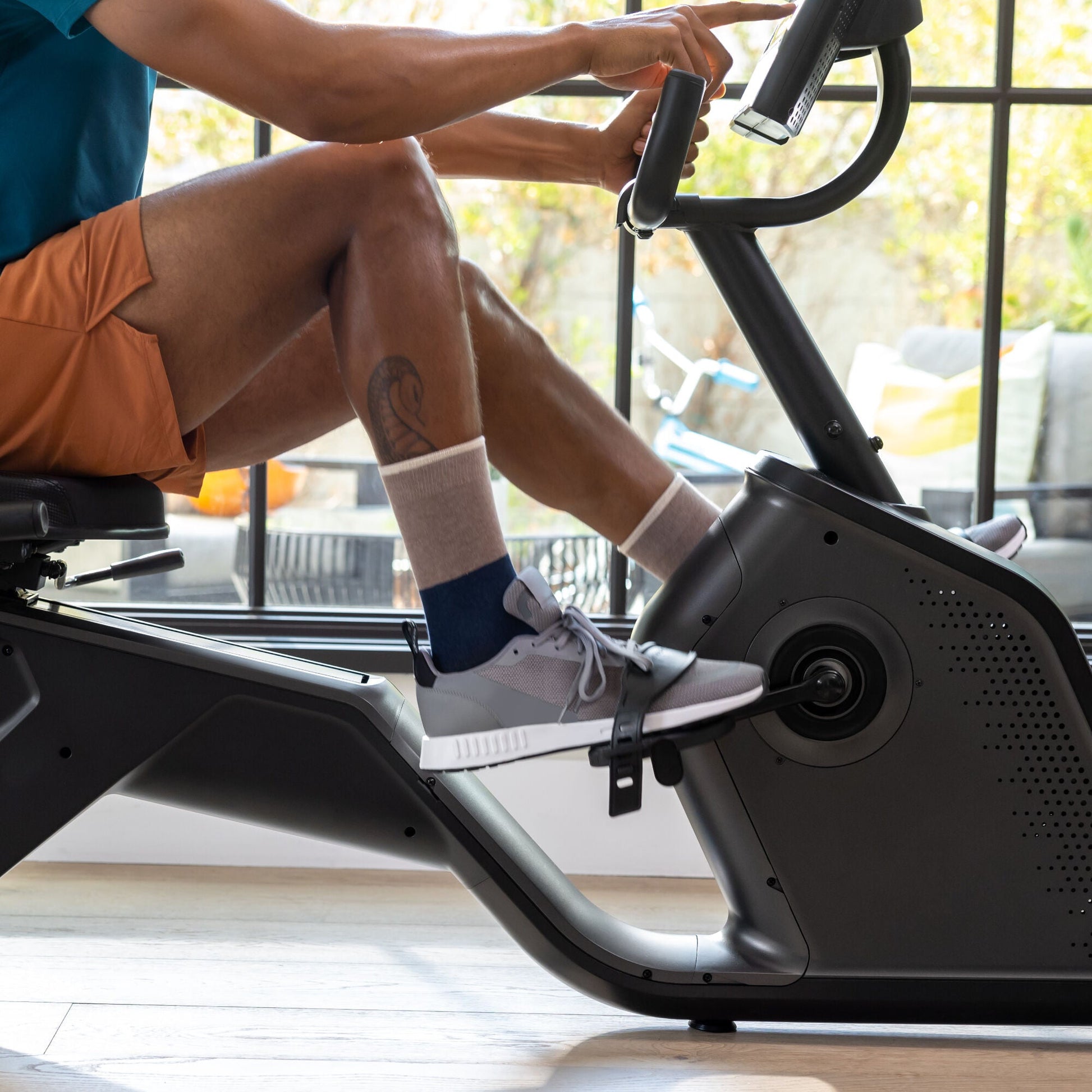 Close up of the Schwinn 590R Recumbent Bike pedals in use.
