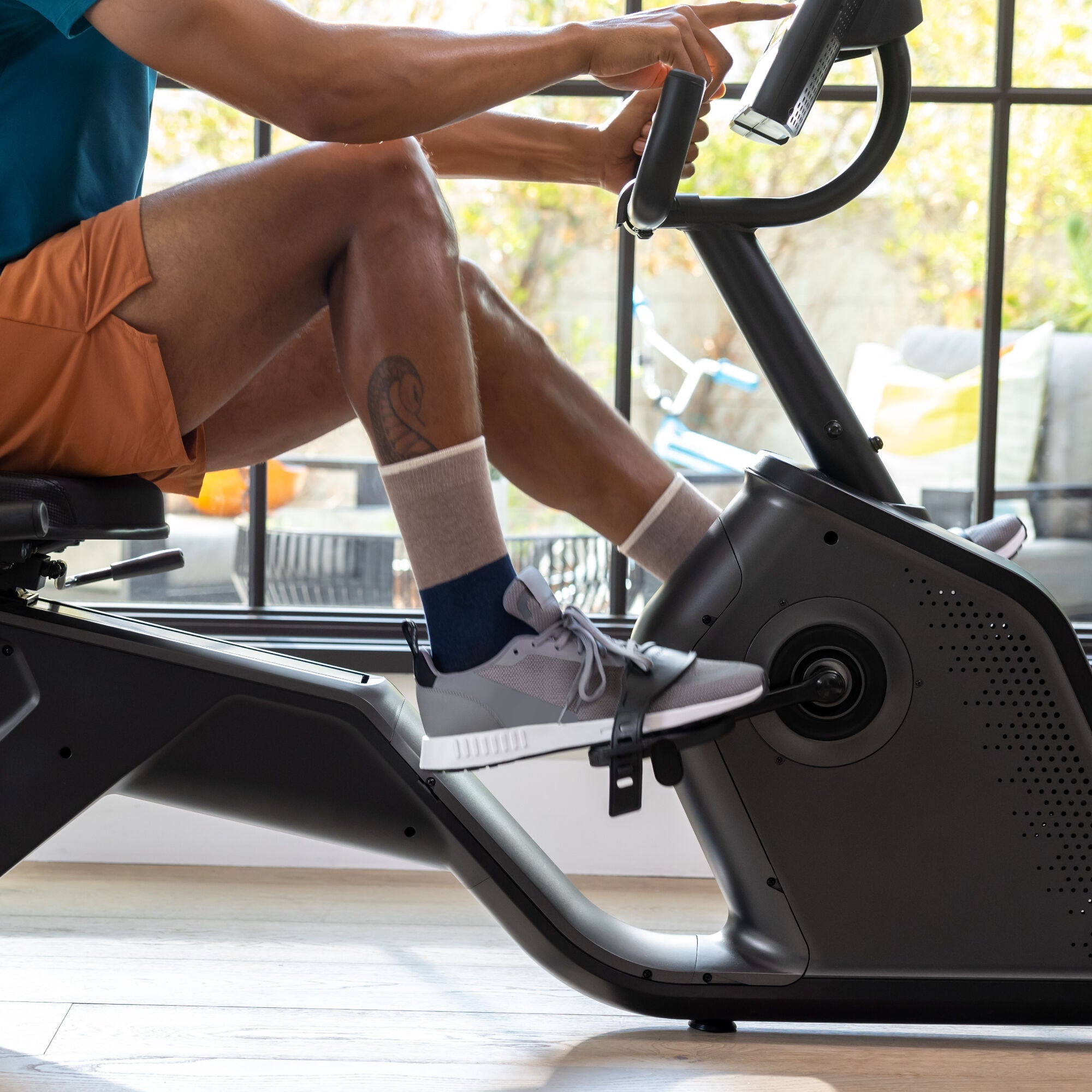 Close up of the Schwinn 590R Recumbent Bike pedals in use.