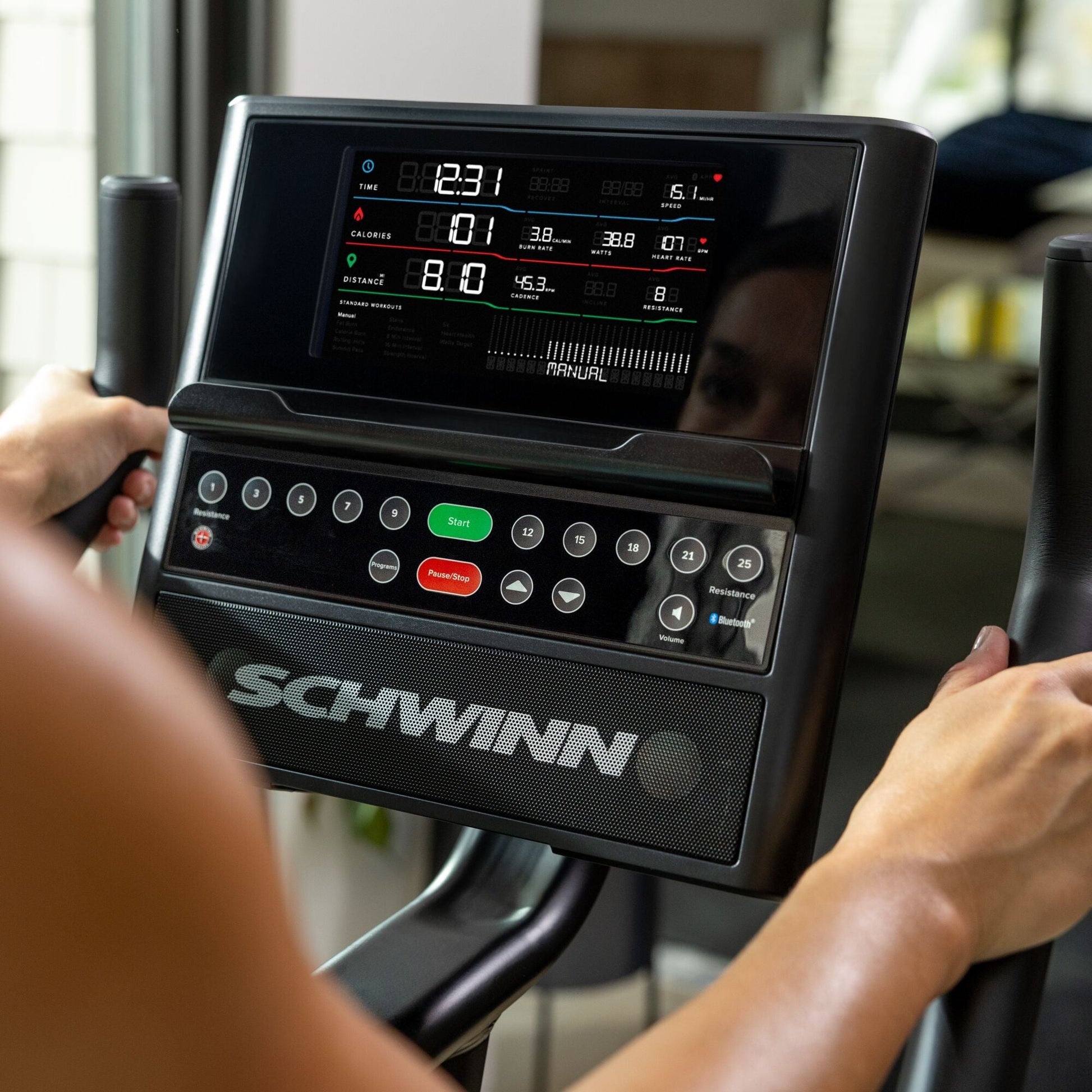 Schwinn 590U Upright Bike console screen.