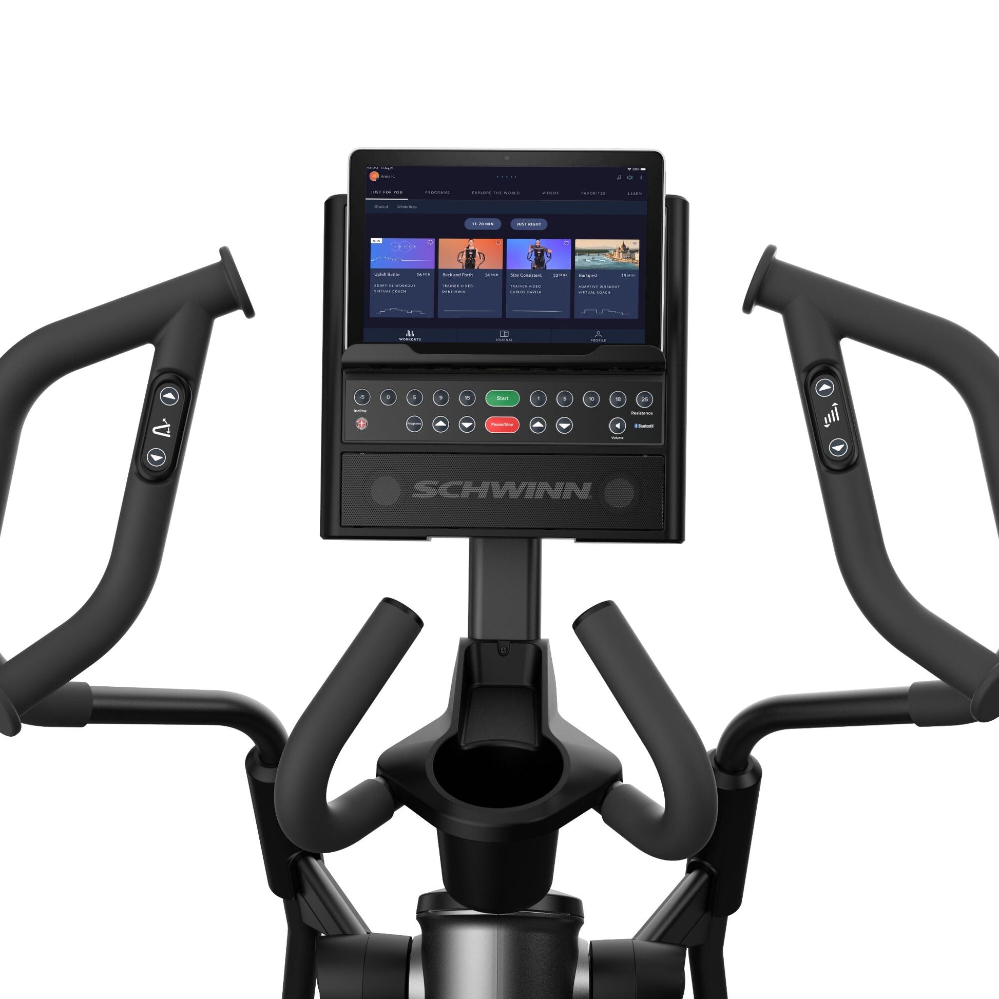 Tablet with JRNY app screen displayed placed on the Schwinn 590E Elliptical media holder.