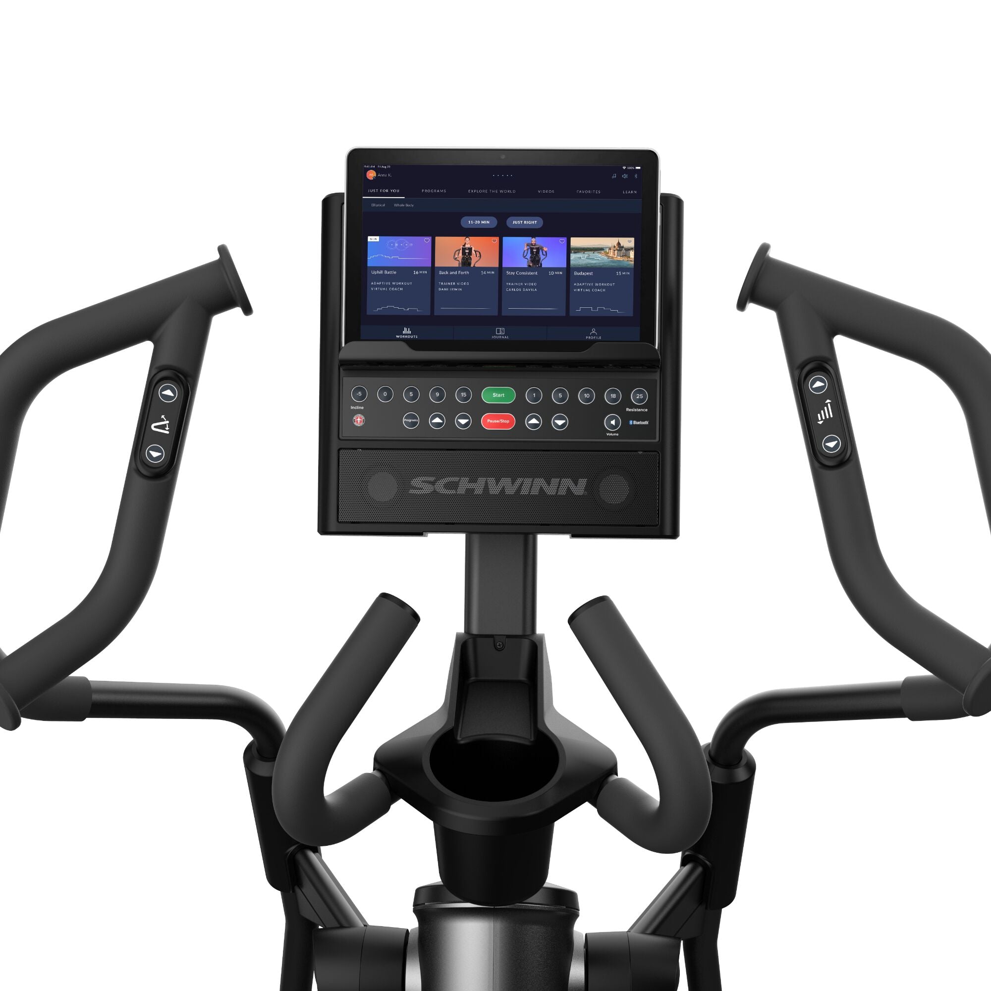 Tablet with JRNY app screen displayed placed on the Schwinn 590E Elliptical media holder.
