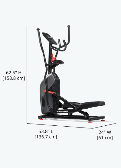510E / 411 Elliptical Dimensions - Length 53.8 inches, Width 24 inches, Height 62.5 inches